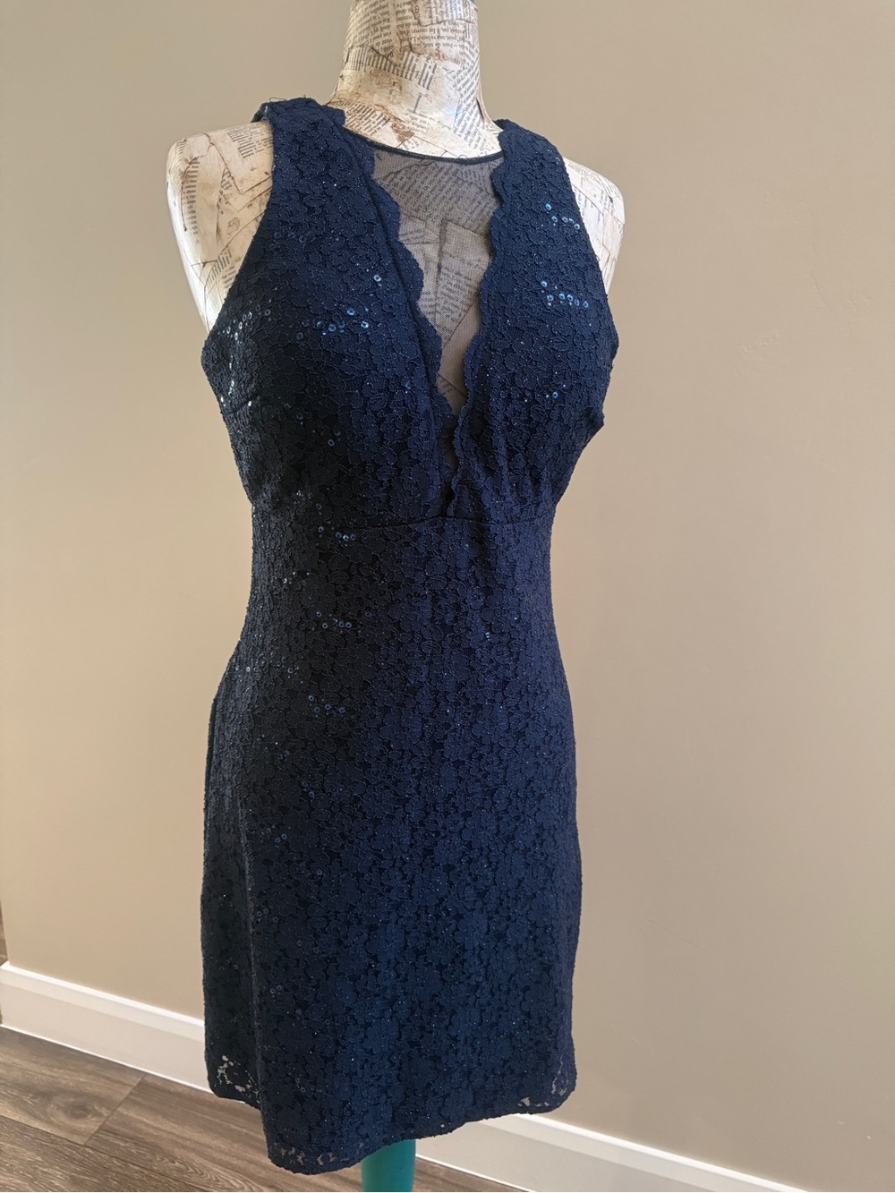 Night Way Collections Navy Lace Sequin Halter Mini Dress